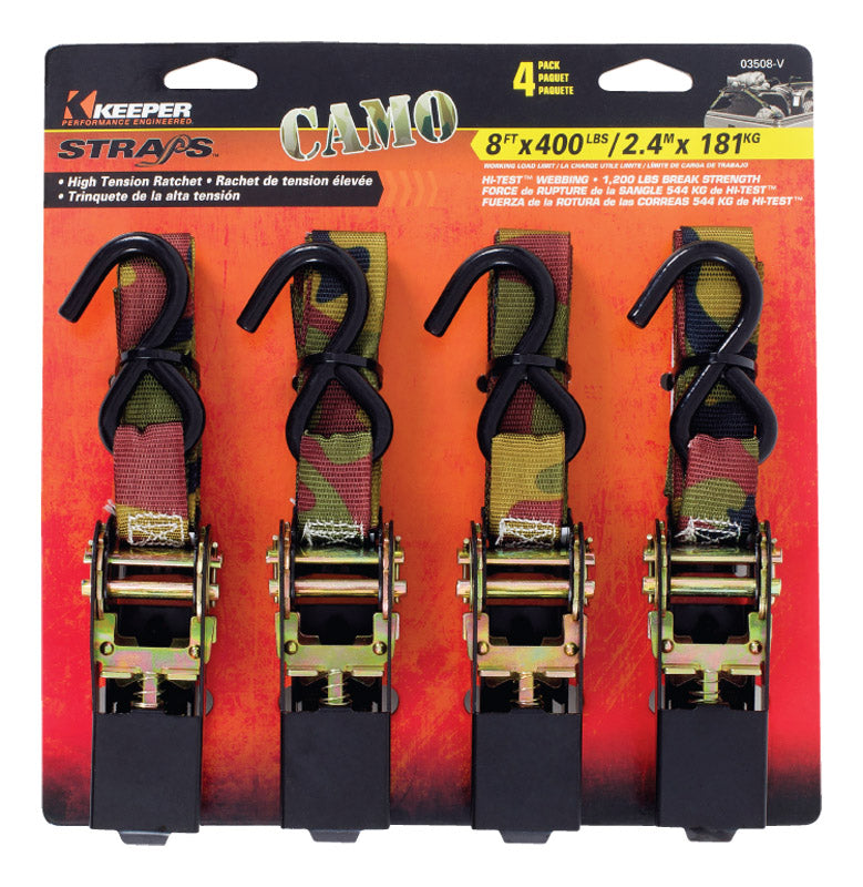 KEEPER - Keeper 1 in. W X 8 ft. L Camo Tie Down w/Ratchet 400 lb 4 pk