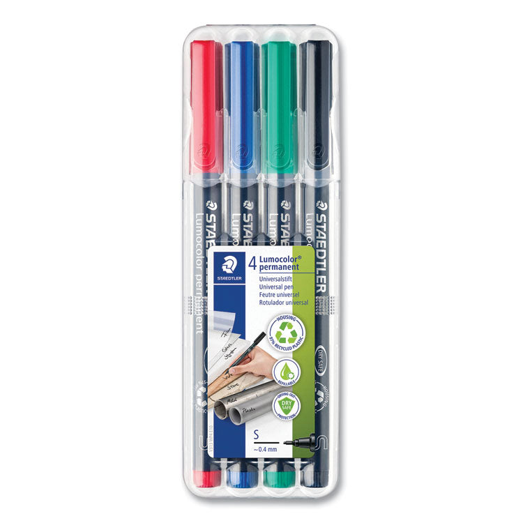 Staedtler - Lumocolor Permanent Marker Pen, Porous Point, Extra-Fine, 0.4 mm, Assorted Ink Colors/Barrel, 4/Pack