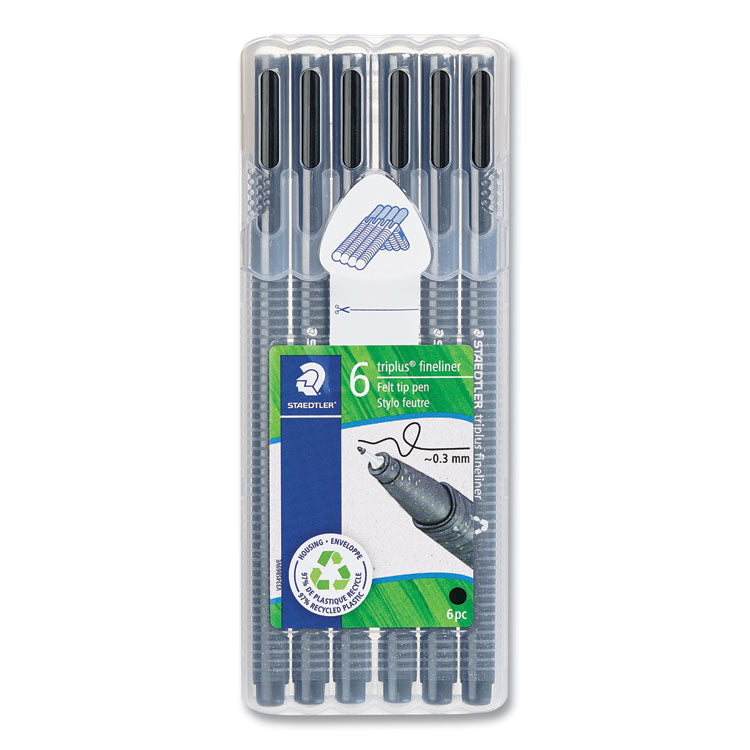 Staedtler - Triplus Fineliner Marker Pen, Stick, Fine 0.3 mm, Black Ink, Clear Barrel, 6/Pack