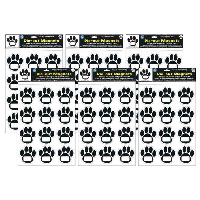 ASHLEY PRODUCTIONS - Die-Cut Magnetic Black Paw Prints, 12 Per Pack, 6 Packs