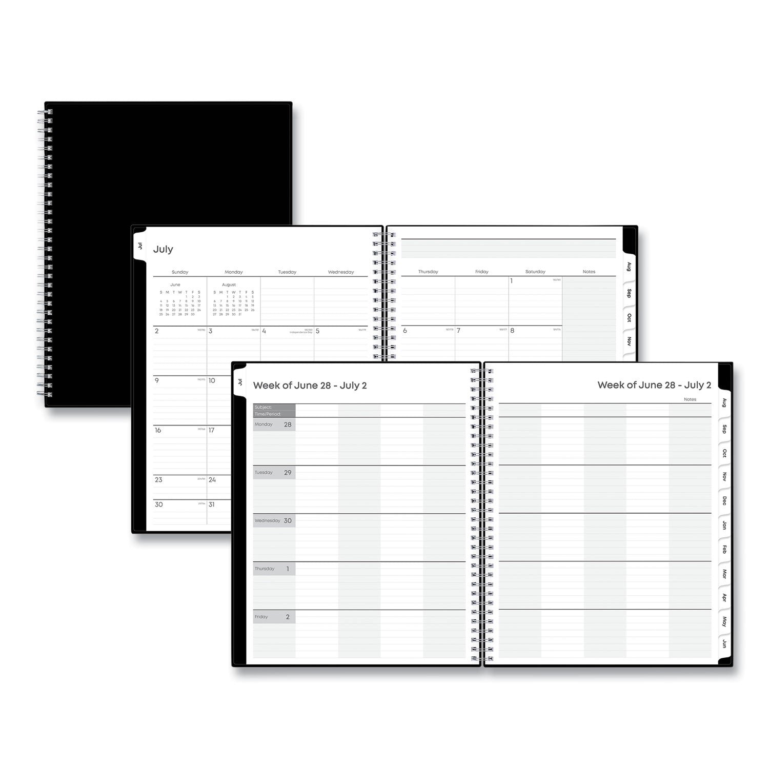 Teacher's Solid Black Weekly/Monthly Lesson Planner, 9 Classes, 11 x 8.5 Sheets, 12-Month (July to June), 2025 to 2026
