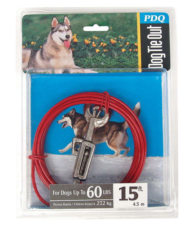 PDQ - PDQ Red Tie-Out with Spring Vinyl Coated Cable Dog Tie Out Large [Q3515SPG99]