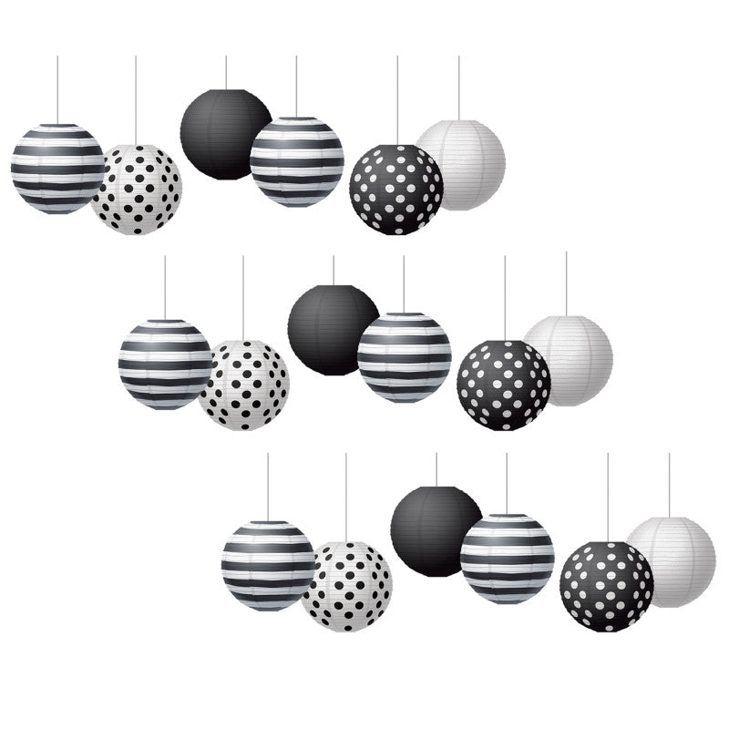 TEACHER CREATED RESOURCES - Black & White 8" Hanging Paper Lanterns, 6 Per Pack, 3 Packs
