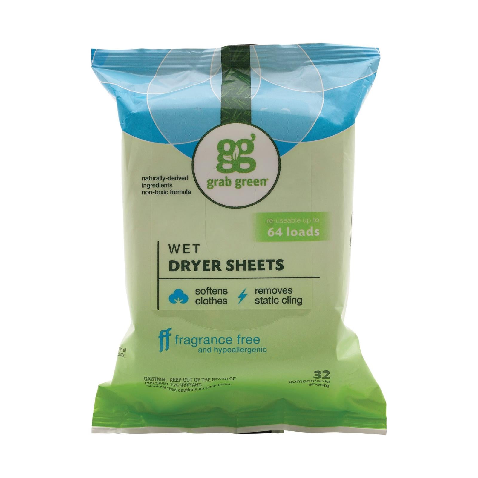 Grab Green Wet Dryer Sheets - Fragrance Free - Case of 6 - 32 Count
