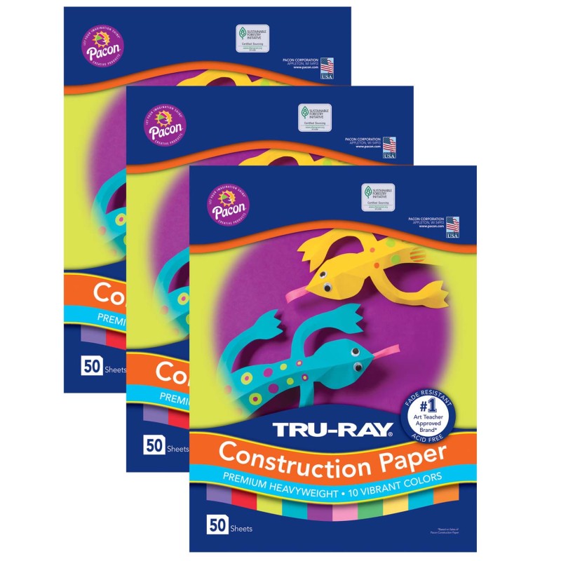 TRU-RAY - Construction Paper, 10 Vibrant Colors, 12" x 18", 50 Sheets Per Pack, 3 Packs