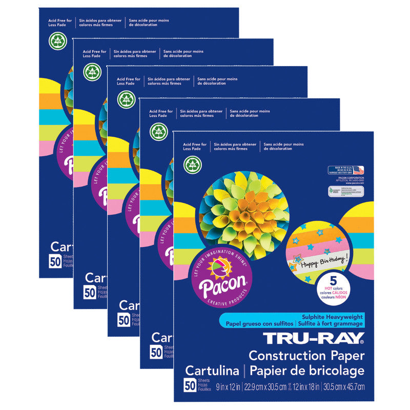 TRU-RAY - Construction Paper, 5 Assorted Hot Colors, 9" x 12", 50 Sheets Per Pack, 5 Packs