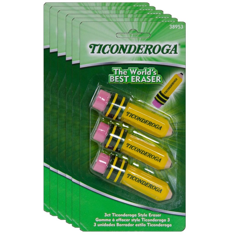 TICONDEROGA - Erasers, Pencil Shaped, Yellow, 3 Per Pack, 6 Packs