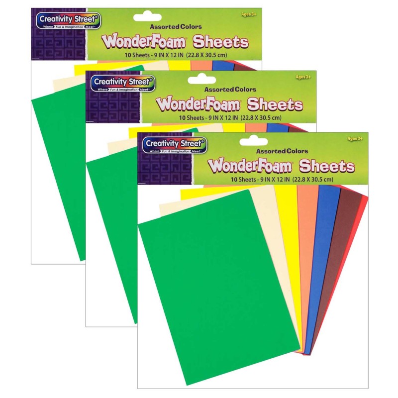 CREATIVITY STREET - WonderFoam® Sheets, Assorted 10 Colors, 9" x 12", 10 Per Pack, 3 Packs
