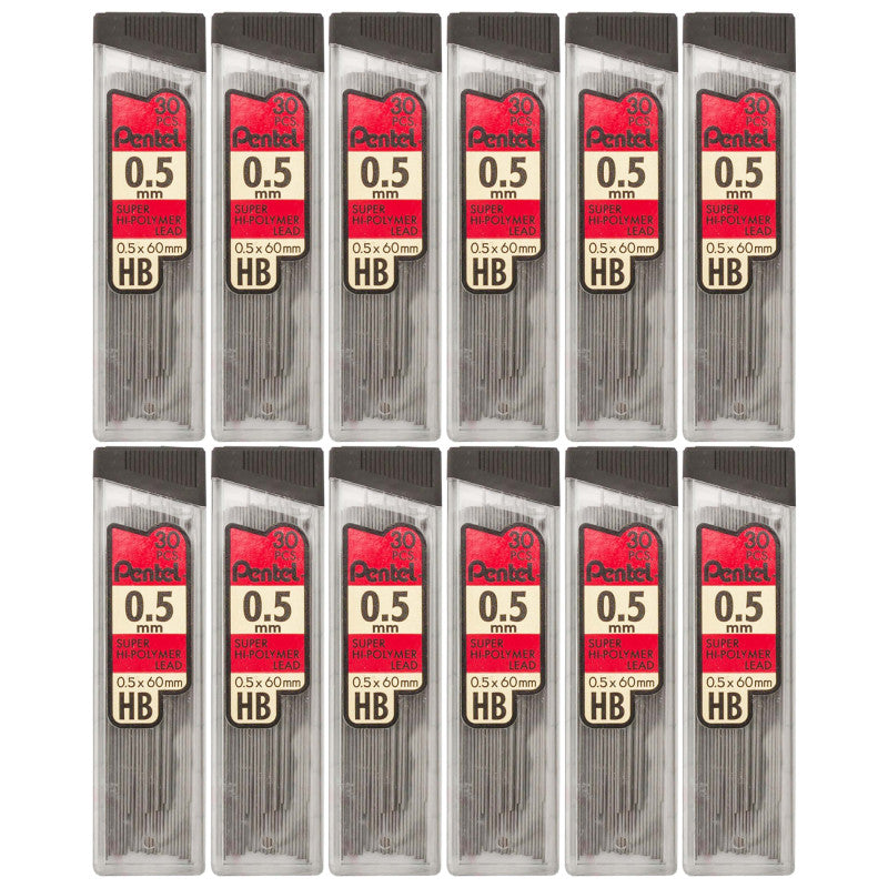 PENTEL - HB Super Hi-Polymer Leads, 0.5mm, Black, 30 Per Pack, 12 Packs