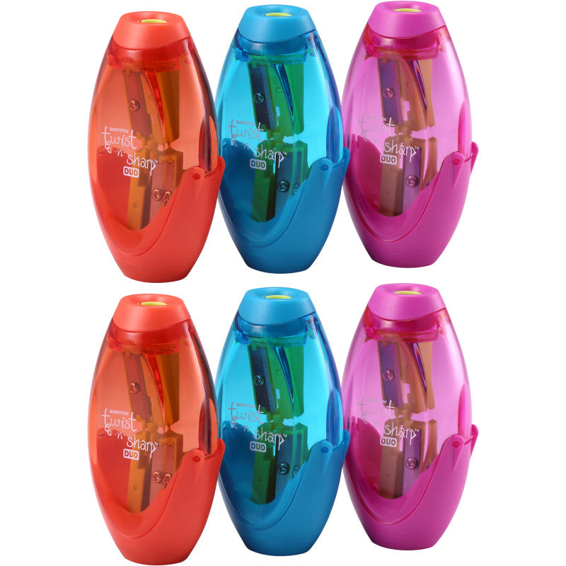 BOSTITCH - Twist-n-Sharp™ Duo Pencil Sharpener, Assorted Colors, Pack of 6