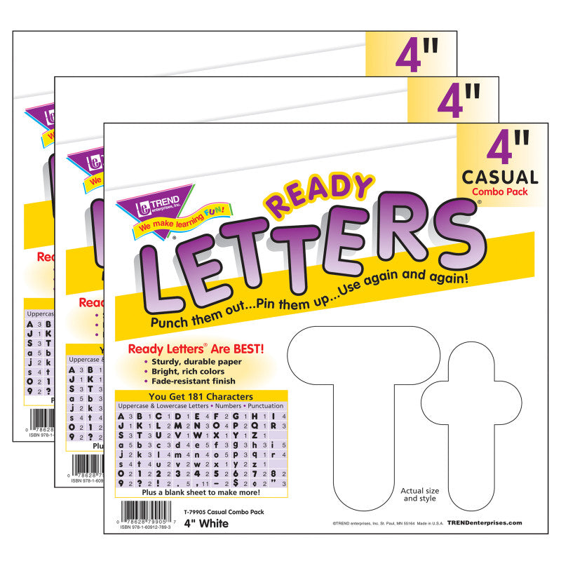 TREND - White 4-Inch Casual Uppercase/Lowercase Combo Pack Ready Letters®, 182 Per Pack, 3 Packs