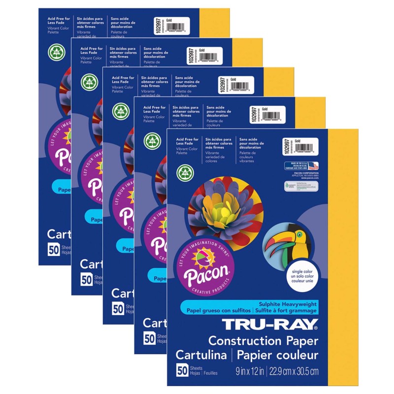 TRU-RAY - Construction Paper, Gold, 9" x 12", 50 Sheets Per Pack, 5 Packs
