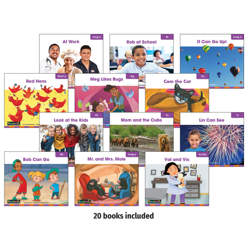 NEWMARK LEARNING - Decodable Readers Grade K Consonants and Short Vowels (u, e), 20 Books