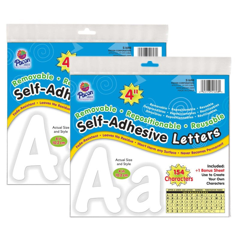 PACON - Self-Adhesive Letters, White, Cheery Font, 4", 154 Per Pack, 2 Packs