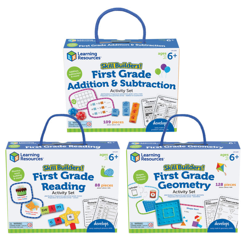 LEARNING RESOURCES - Skill Builders! 1st Grade Activity Set 3-Pack, Reading, Addition & Subtraction, Geometric Shapes