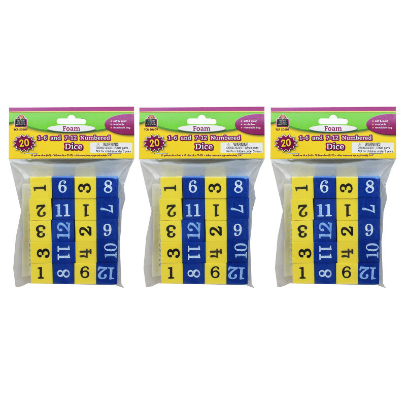 TEACHER CREATED RESOURCES - Foam Numbered Dice (Numerals 1-12), 20 Per Pack, 3 Packs
