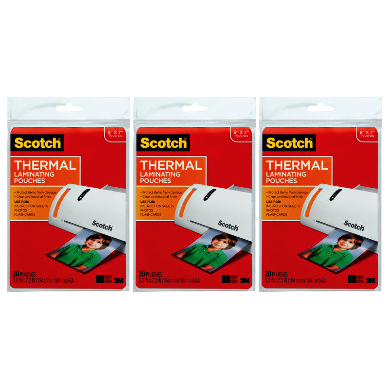 SCOTCH - Thermal Laminating Pouches, 5 mil, 5" x 7", 20 Per Pack, 3 Packs