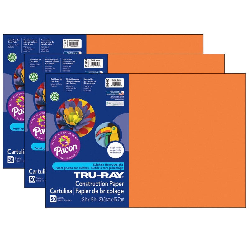 TRU-RAY - Construction Paper, Electric Orange, 12" x 18", 50 Sheets Per Pack, 3 Packs