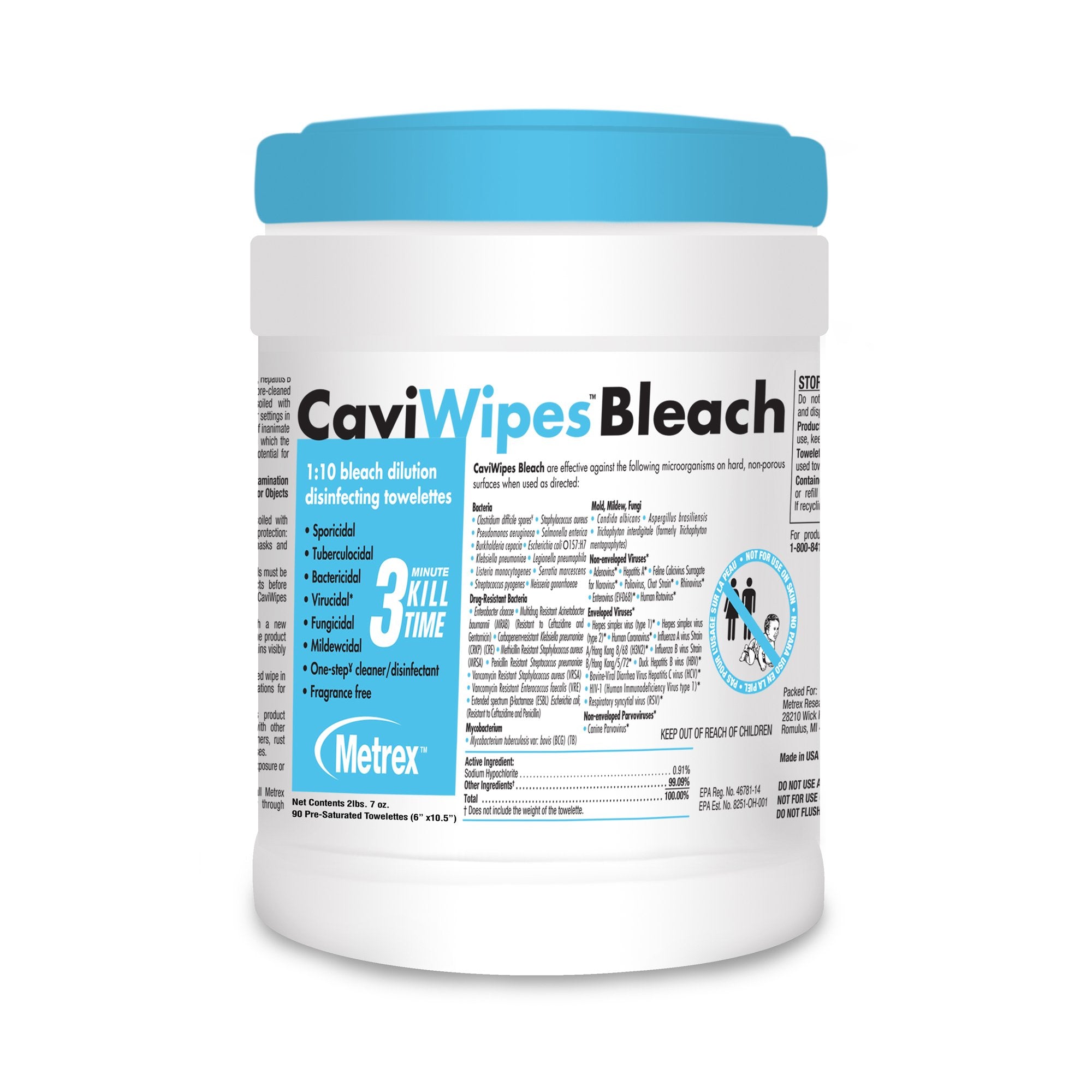 Metrex Research - CaviWipes™ Bleach Surface Disinfectant Cleaner Premoistened Manual Pull Wipe 90 Count Canister Bleach Scent NonSterile [1/EA]