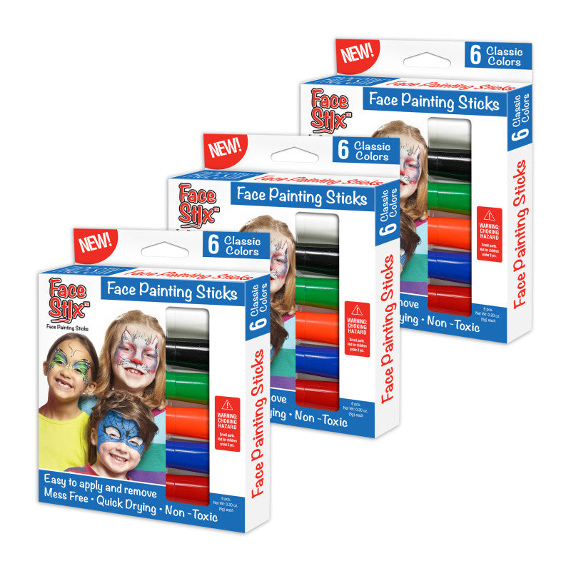 FACE STIX - Face Painting Sticks, 6 Colors Per Pack, 3 Packs