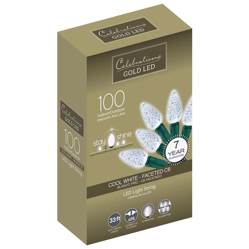 CELEBRATIONS - Celebrations Gold LED C6 Cool White 100 ct String Christmas Lights 33 ft.