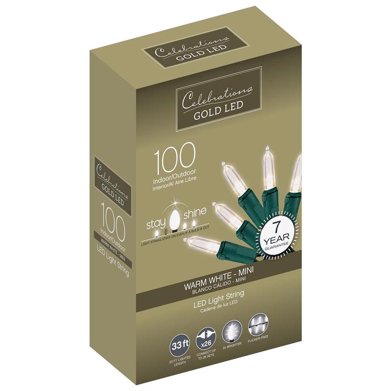 CELEBRATIONS - Celebrations Gold LED Mini Warm White 100 ct String Christmas Lights 33 ft. [44540-71]