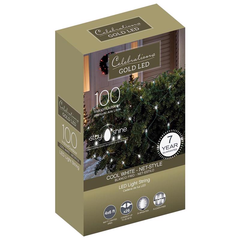 CELEBRATIONS - Celebrations Gold LED Mini Cool White 100 ct Net Christmas Lights 6 ft.