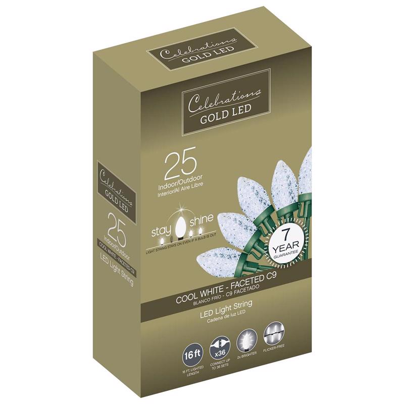 CELEBRATIONS - Celebrations Gold LED C9 Cool White 25 ct String Christmas Lights 16 ft.