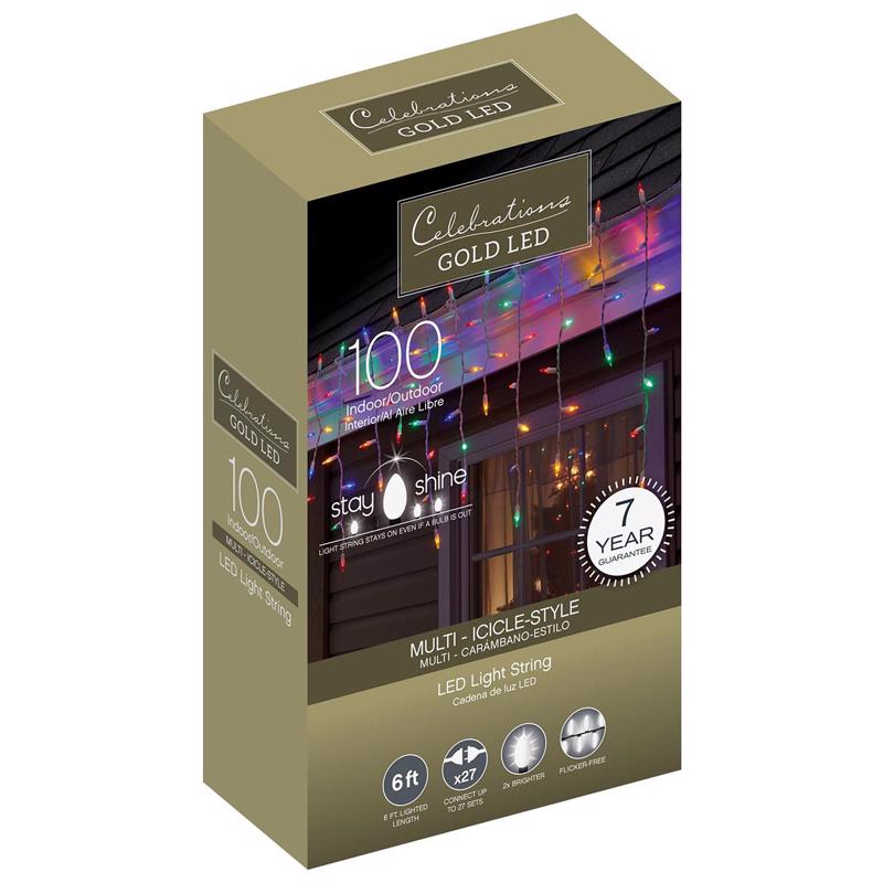 CELEBRATIONS - Celebrations Gold LED Mini Multicolored 100 ct Icicle Christmas Lights 6 ft.