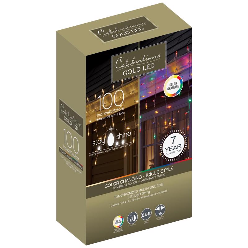 CELEBRATIONS - Celebrations Gold LED Mini Multicolored/Warm White 100 ct Icicle Christmas Lights 8.5 ft.