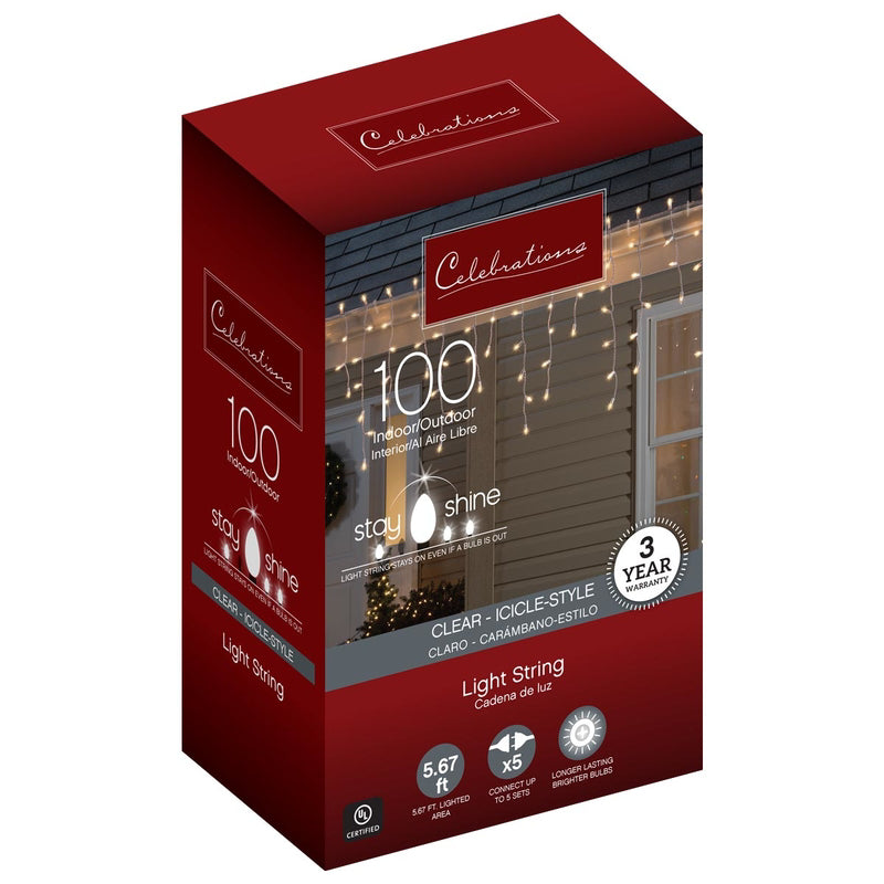 CELEBRATIONS - Celebrations Stay Shine Incandescent Mini Clear/Warm White 100 ct Icicle Christmas Lights 5.67 ft.