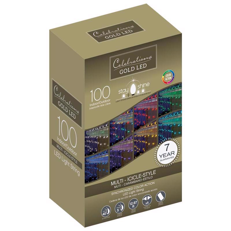 CELEBRATIONS - Celebrations Gold LED Mini Multicolored 100 ct Icicle Christmas Lights 8.5 ft.