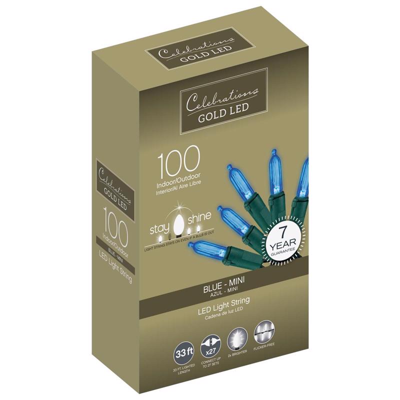 CELEBRATIONS - Celebrations Gold LED Mini Blue 100 ct String Christmas Lights 33 ft.