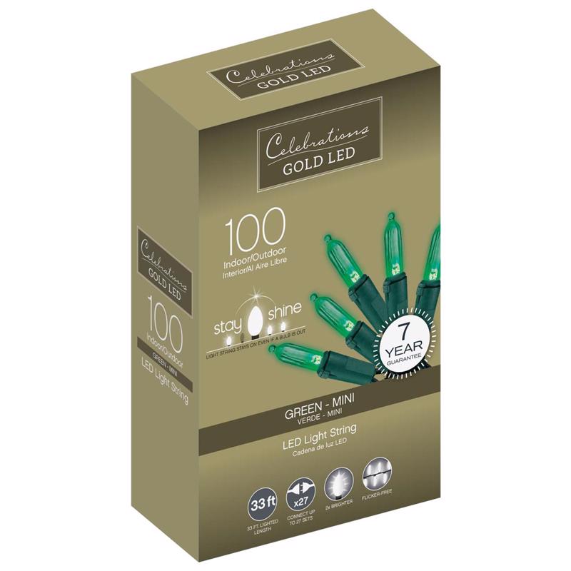 CELEBRATIONS - Celebrations Gold LED Mini Green 100 ct String Christmas Lights 33 ft.