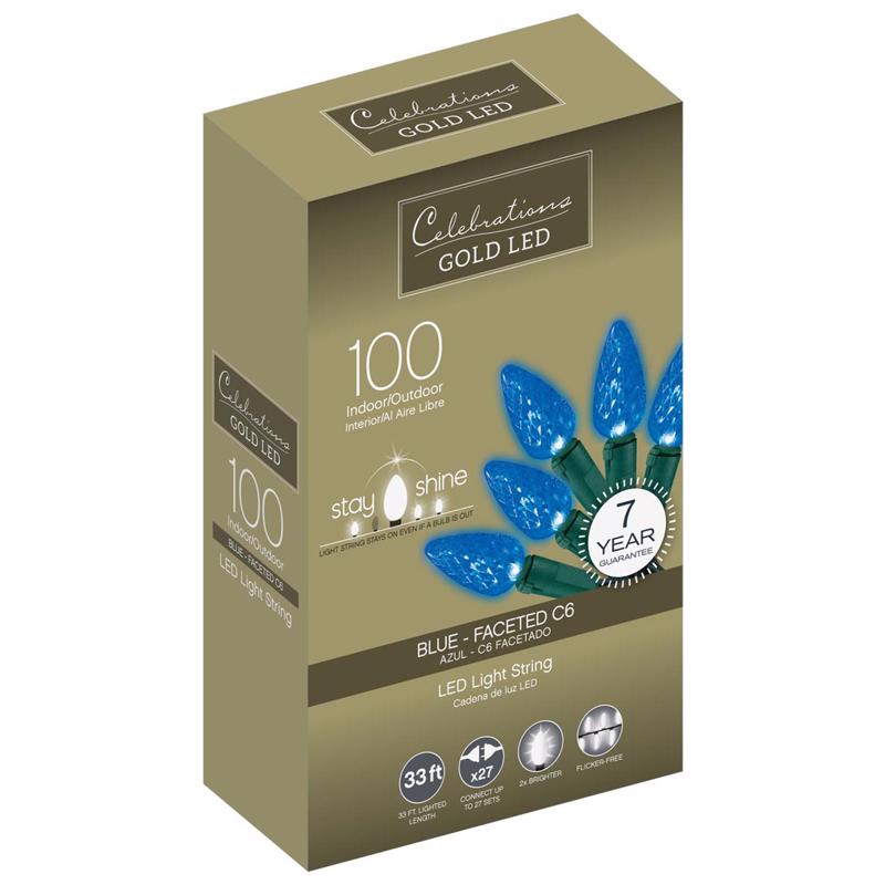 CELEBRATIONS - Celebrations Gold LED C6 Blue 100 ct String Christmas Lights 33 ft.