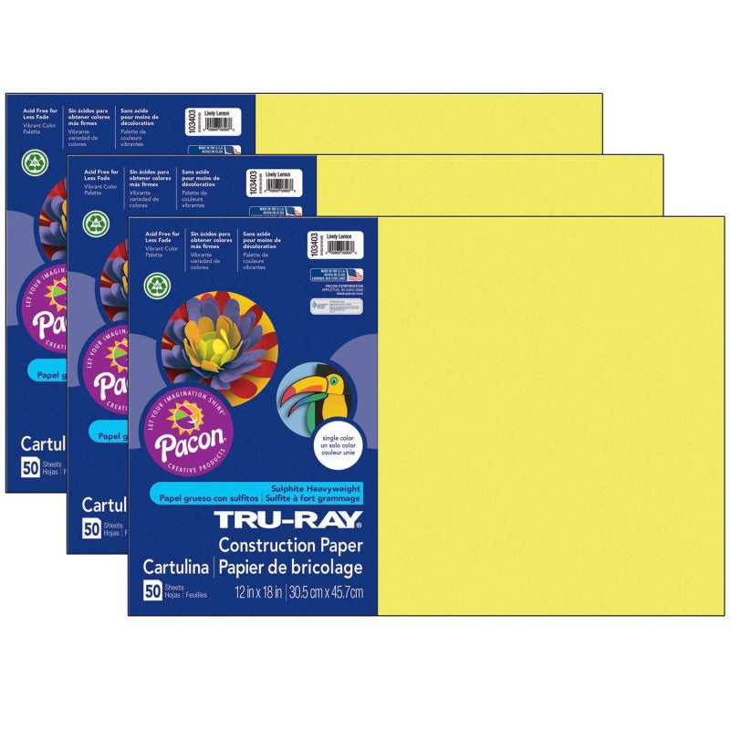 TRU-RAY - Construction Paper, Lively Lemon, 12" x 18", 50 Sheets Per Pack, 3 Packs
