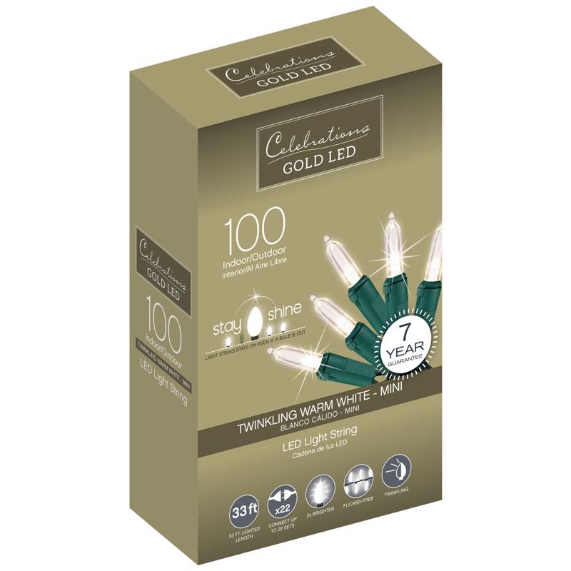 CELEBRATIONS - Celebrations Gold LED Mini Warm White 100 ct String Christmas Lights 33 ft. [44510-71]