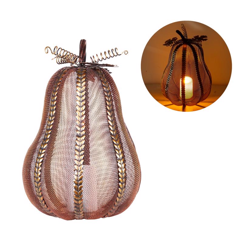 ALPINE - Alpine Warm Candle 12 in. LED Elongated Mesh Pumpkin With Candle Tabletop Decor