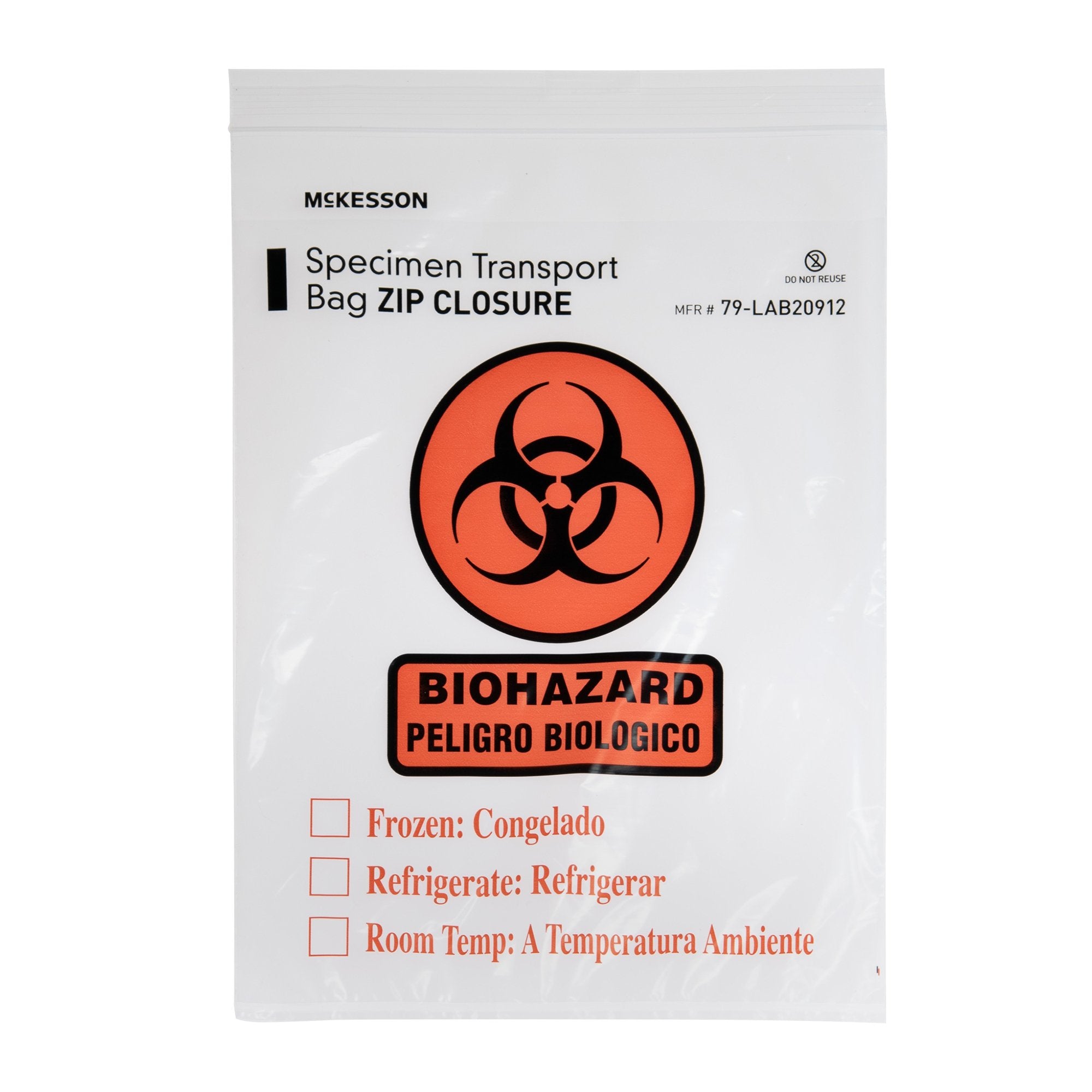McKesson Brand - Specimen Transport Bag with Document Pouch McKesson 9 X 12 Inch Zip Closure Biohazard Symbol / Storage Instructions NonSterile [1/PK]