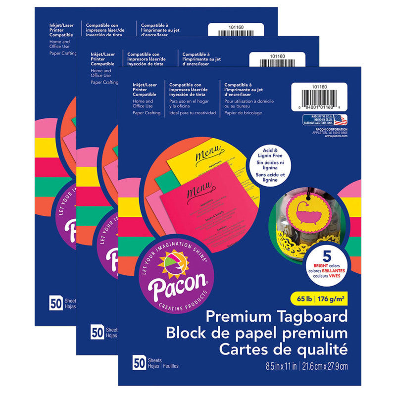 PACON - Premium Tagboard, 5 Assorted Bright Colors, 8-1/2" x 11", 50 Sheets Per Pack, 3 Packs