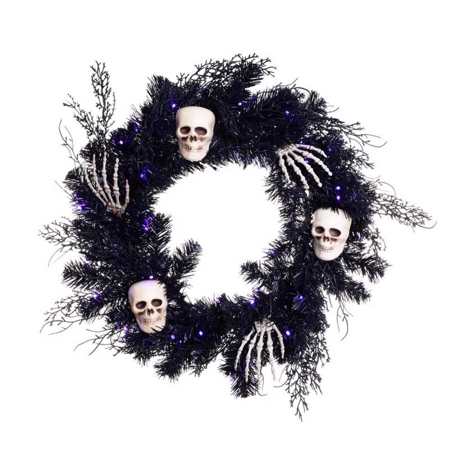 Celebrations Orange/Purple 50 ct 24 in. LED Prelit Black Skull Wreath - Case of 4