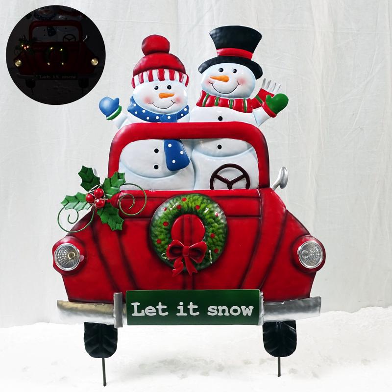 ALPINE - Alpine LED Christmas Car with Snowman 22 in. Yard Decor