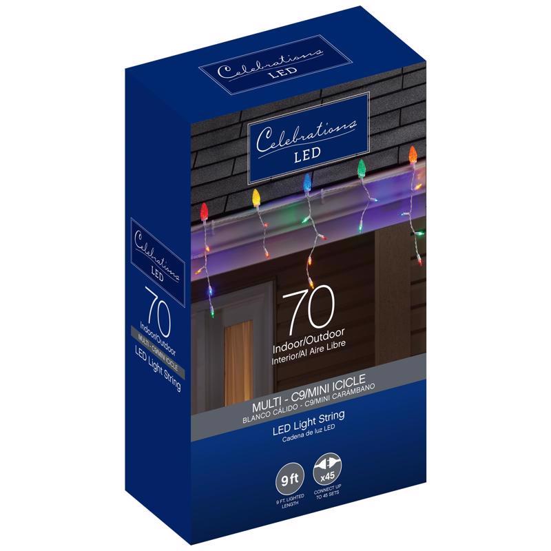 CELEBRATIONS - Celebrations Blue LED C9 Multicolored 70 ct Icicle Christmas Lights 9 ft.