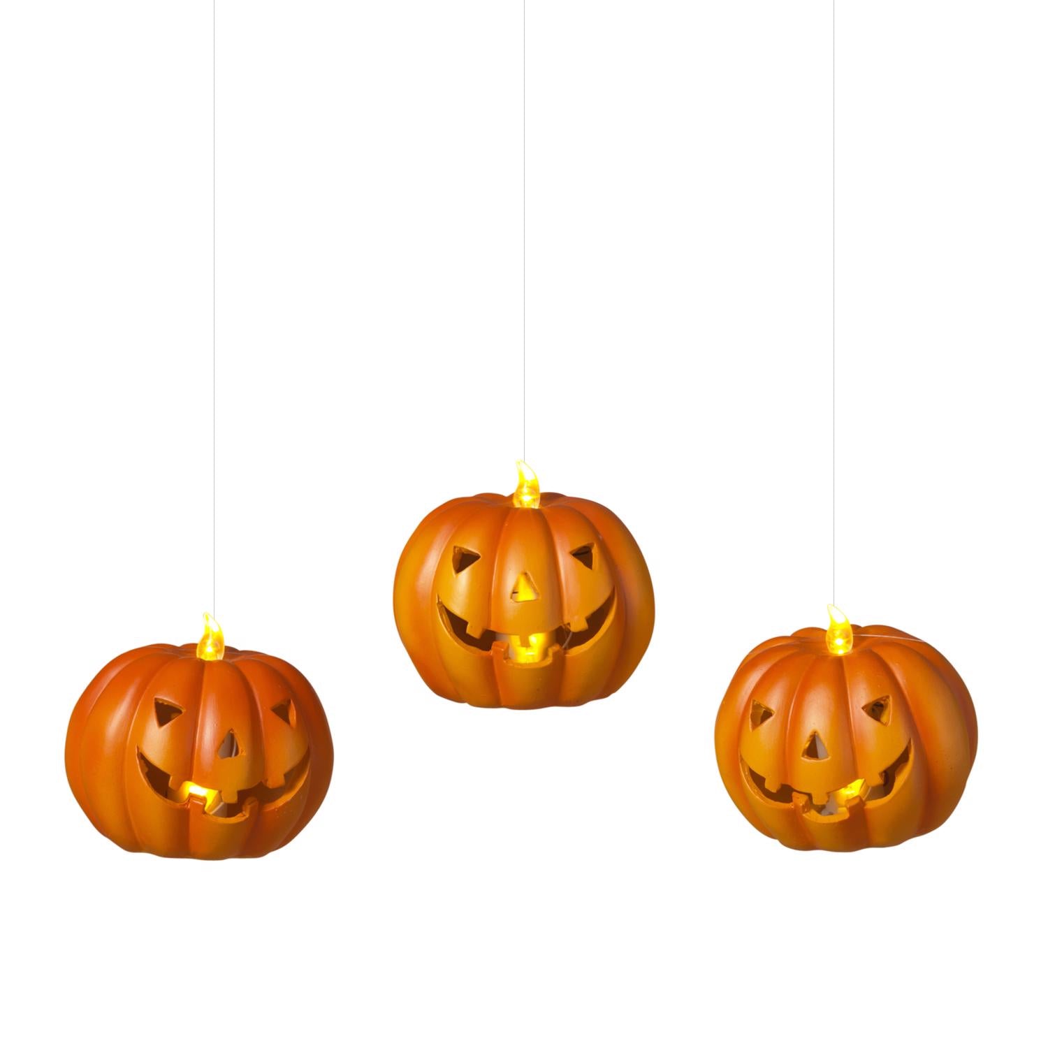 Gerson 4.5 in. Set of 3 Lighted Resin Halloween Pumpkins with Remote Hanging Decor - Case of 6
