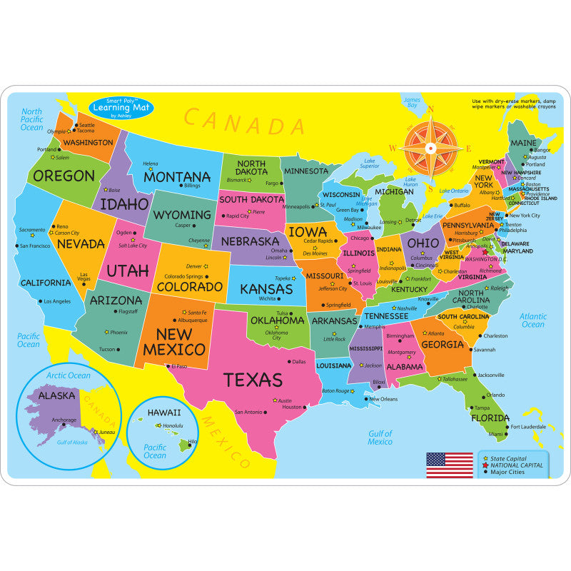 ASHLEY PRODUCTIONS - Smart Poly™ Learning Mats, 12" x 17", Double-Sided, U.S. Basic Map, Pack of 10
