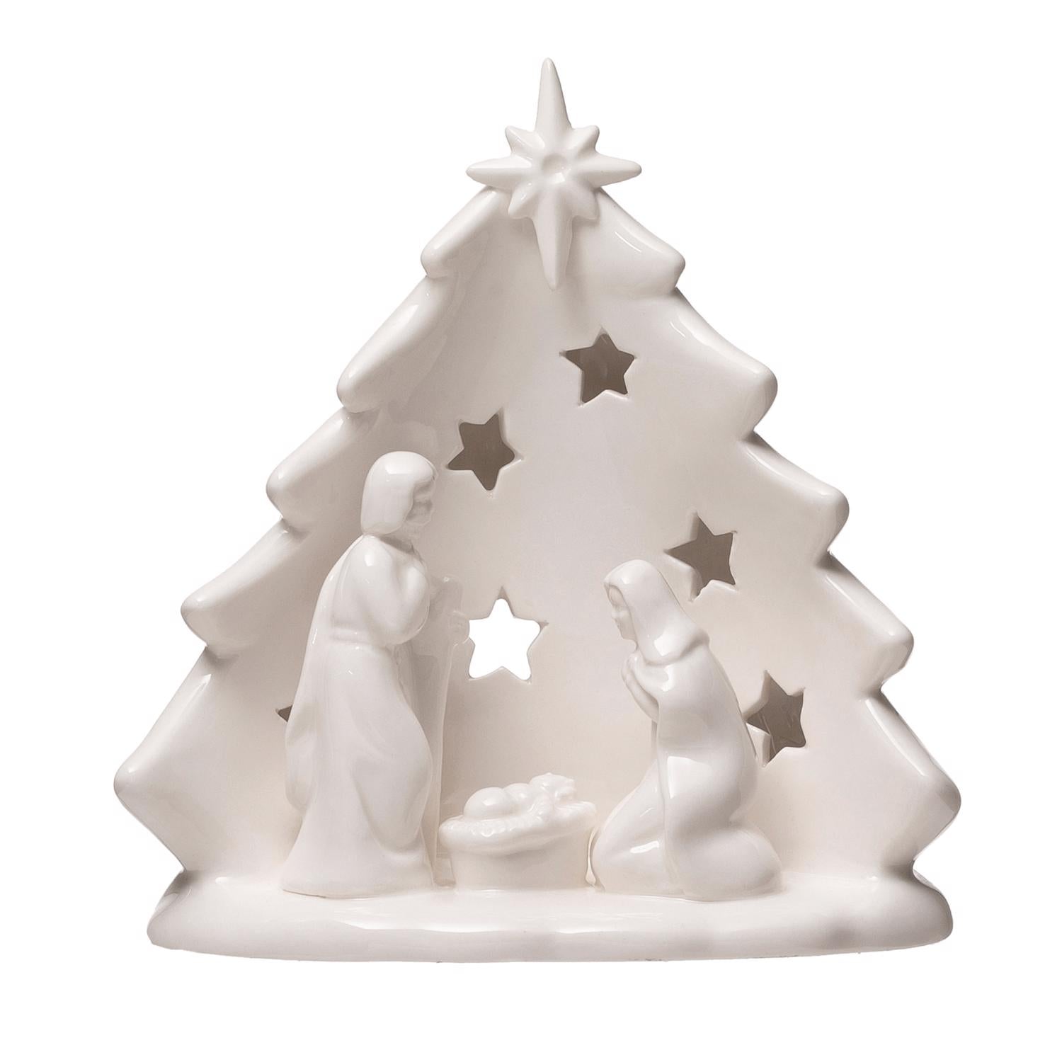 Creative Co-Op White Holy Family with Tree & Cut-Outs Table Decor 6 in. - Case of 6