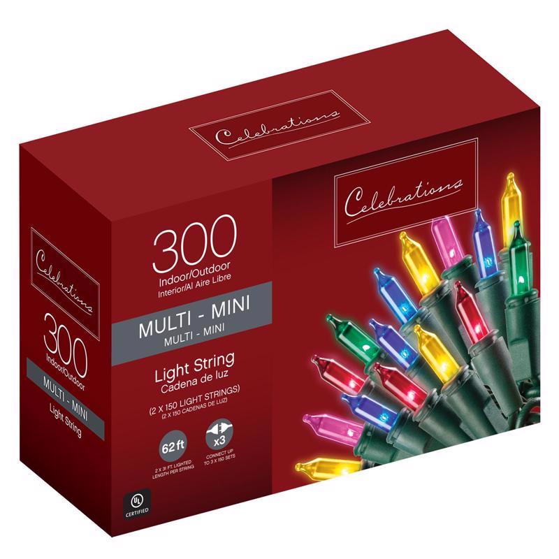 CELEBRATIONS - Celebrations Incandescent Mini Multicolored 300 ct String Christmas Lights 62 ft.