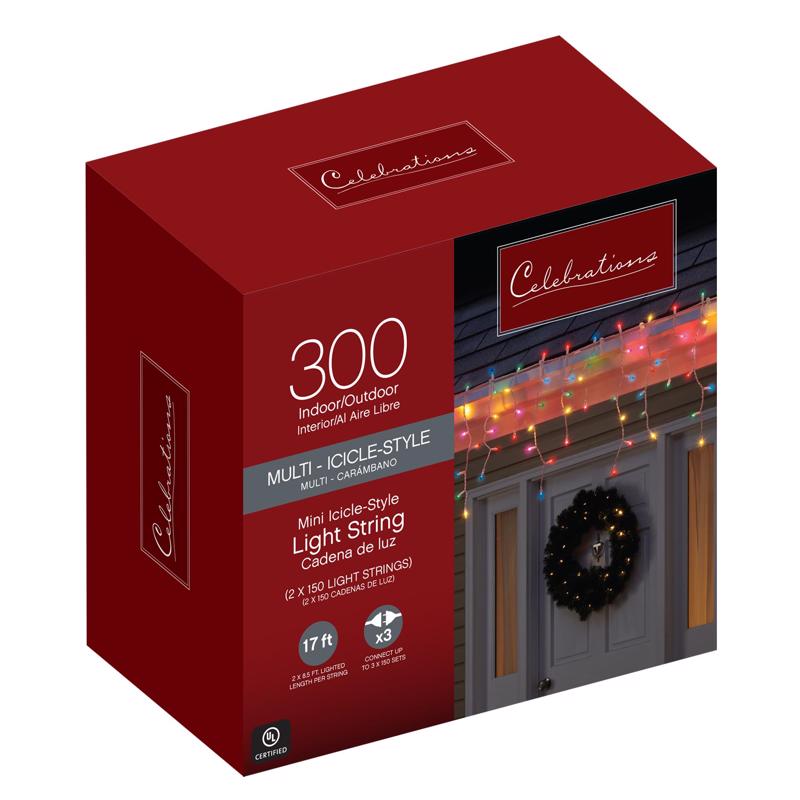 CELEBRATIONS - Celebrations Incandescent Mini Multicolored 300 ct Icicle Christmas Lights 17 ft.