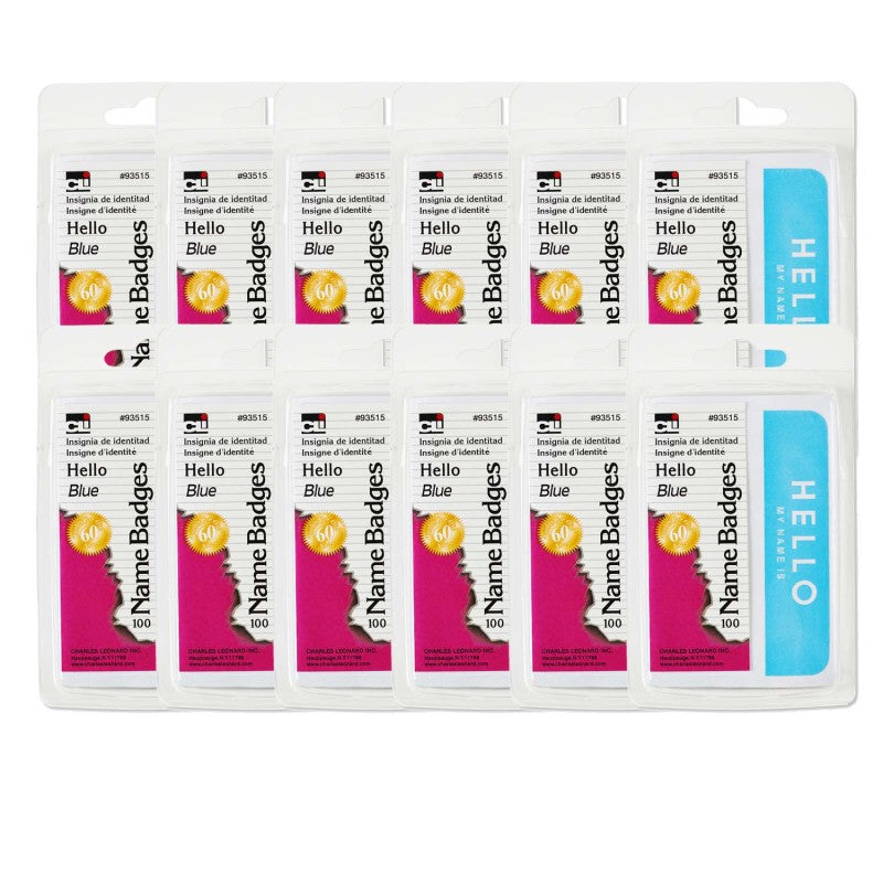 CHARLES LEONARD - Self-Adhesive Name Badges, Hello, Blue, 100 Per Pack, 12 Packs