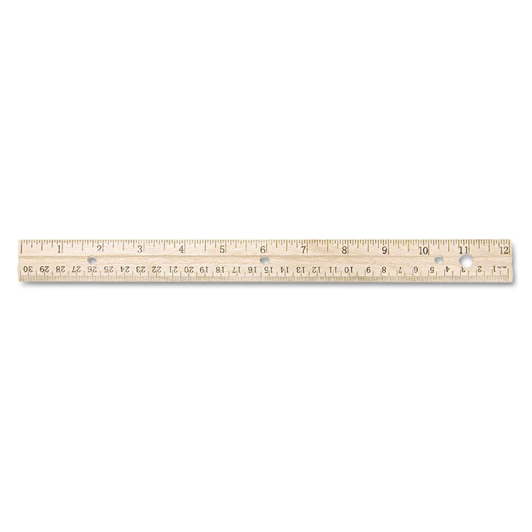 Westcott - Three-Hole Punched Wood Ruler English and Metric With Metal Edge, 12" Long